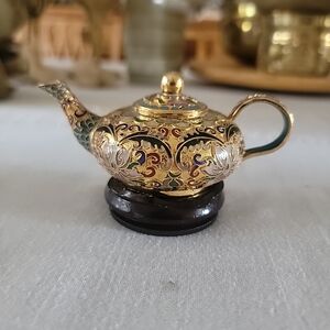 Cloisonné Brass And Enamel Miniature Teapot On Wooden Stand